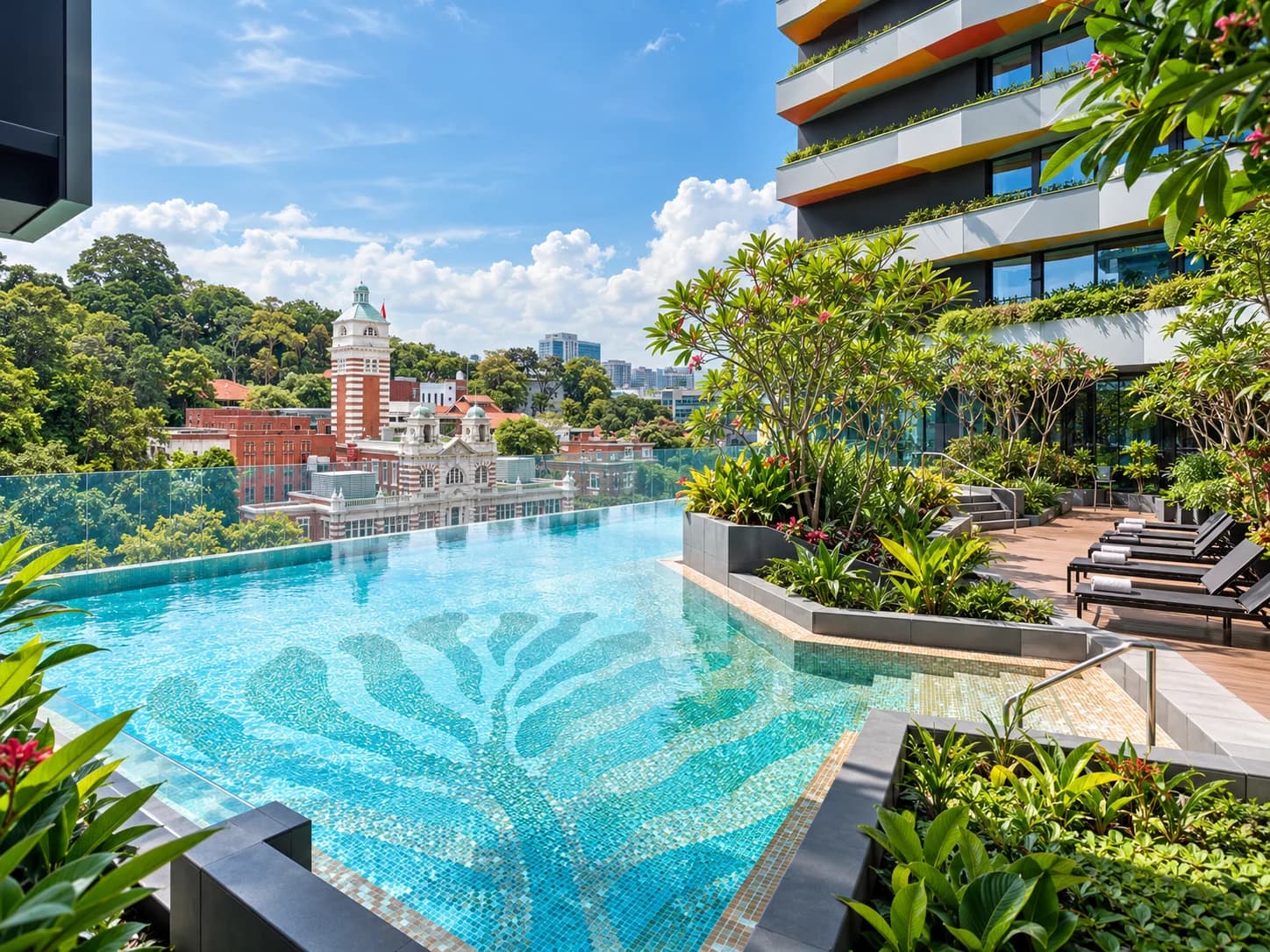 Rooftop infinity pool with acrylic edge panel at lyf Funan, Singapore