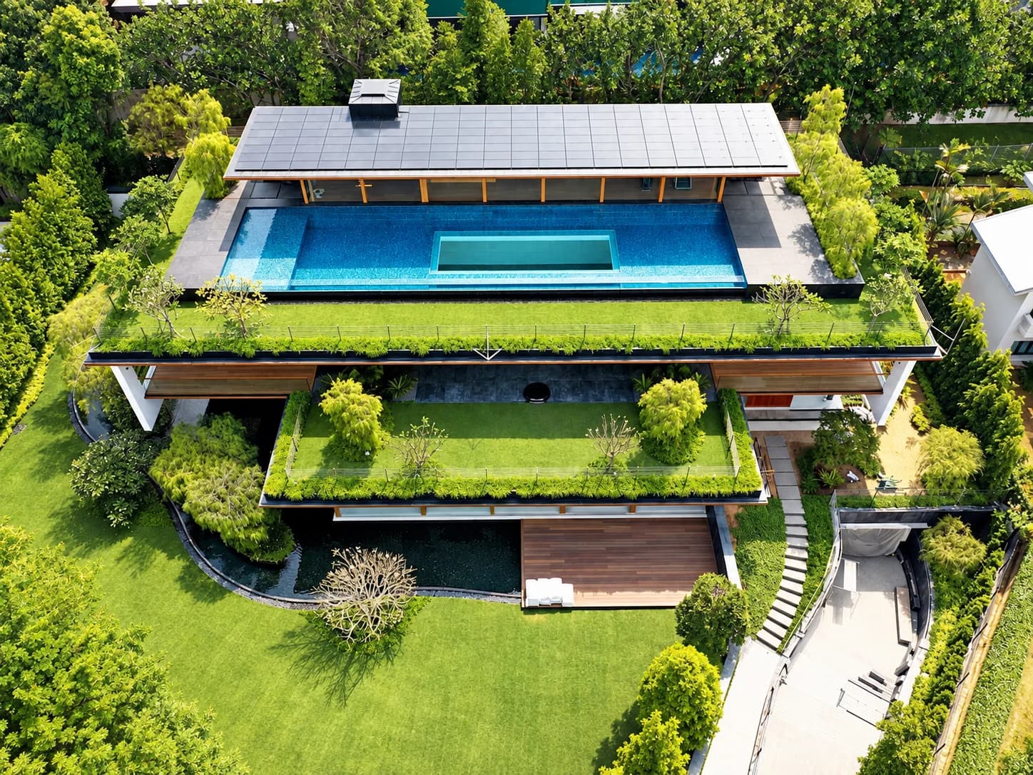 Aerial view of House off Bishopsgate, showing the rooftop acrylic pool above terraced garden levels