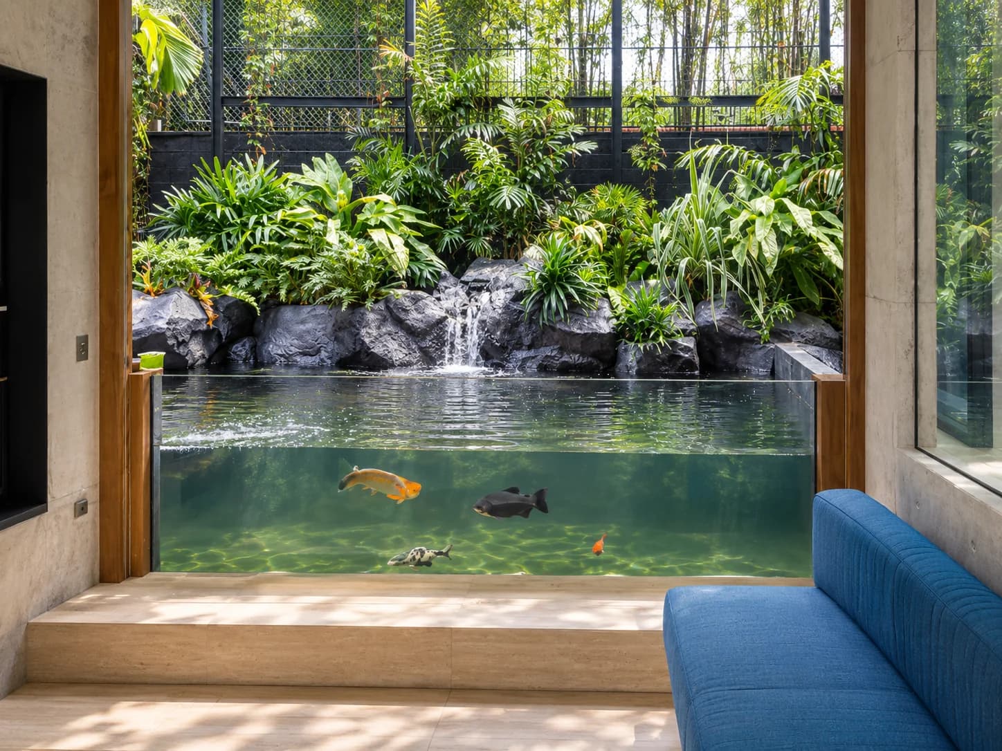 Acrylic koi pond viewing panel seen from the living room at House off Kew Drive