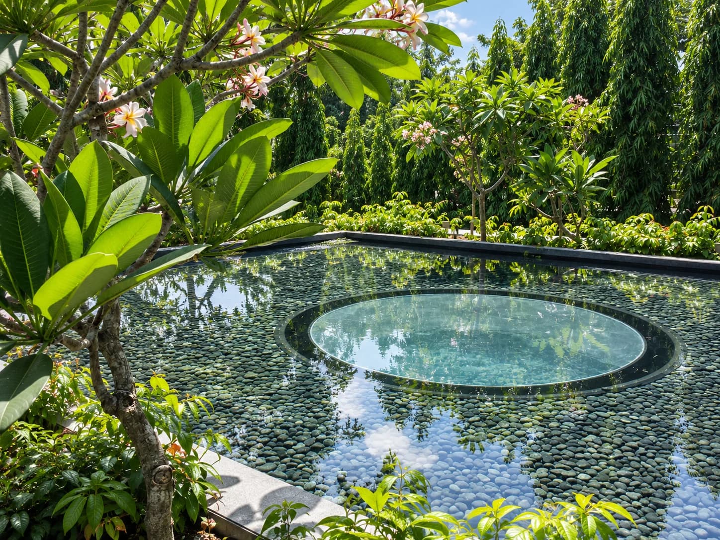 Circular acrylic skylight set into the reflecting pond at House off Wilby Road