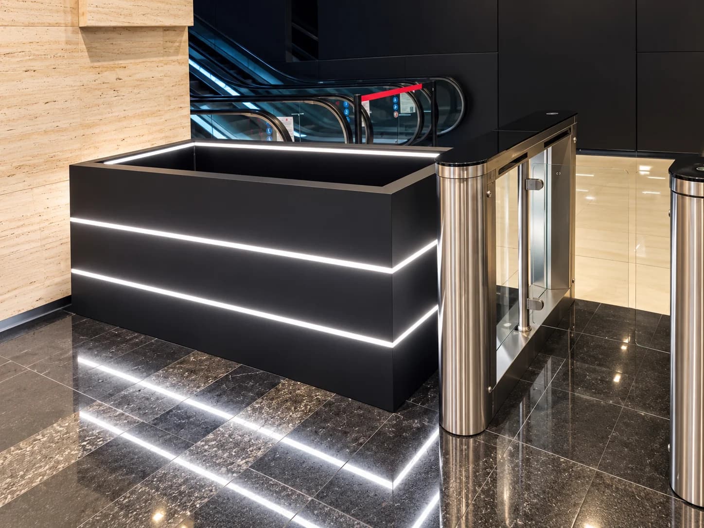 Illuminated acrylic water feature tank in the SGX lobby